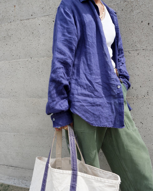 Linen Relaxed Unisex Shirt / Khakibeige・Frenchblue