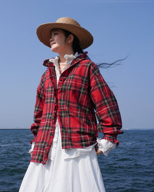 〈予約〉INDIGO Tartan Frill Tuck Blouse / Red・Blue