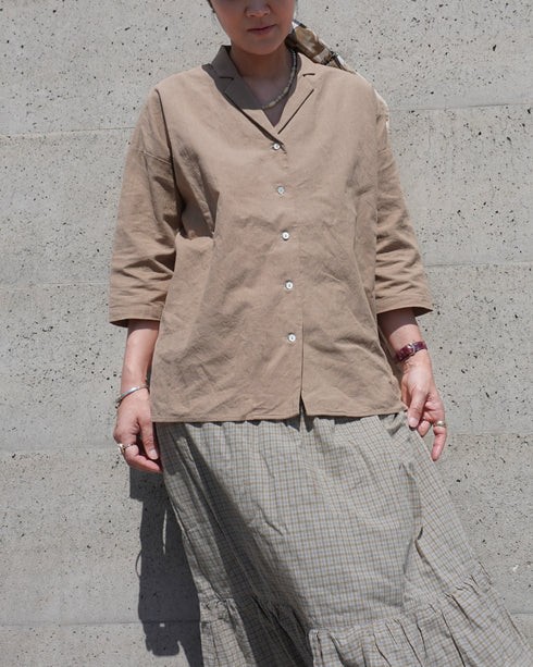 Linen Cotton Open Collar Shirt / Beige・Navy