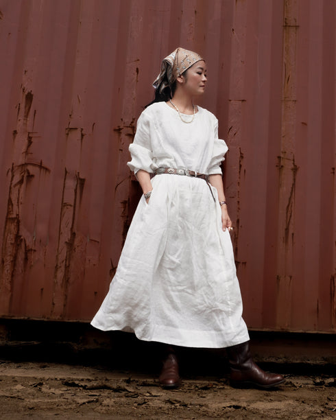 Linen Gather Dress / White・Black