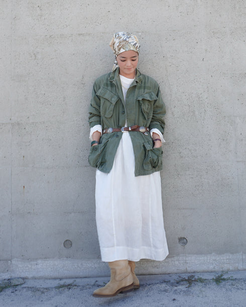 Linen Gather Dress / White・Black