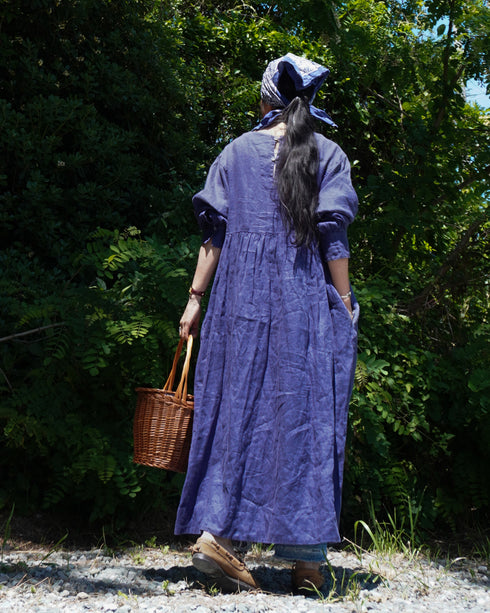 Linen Gather Dress / Khakibeige・Frenchblue