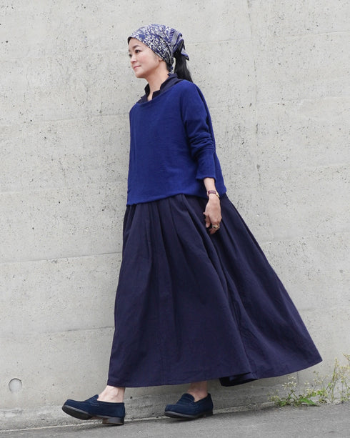Linen Cotton Open Collar Dress / Beige・Navy