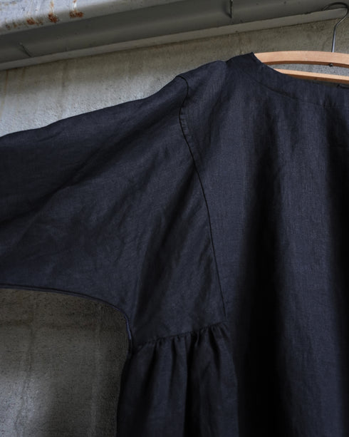 Linen Gather Dress / White・Black