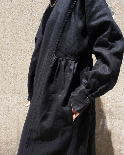 Linen Gather Dress / White・Black