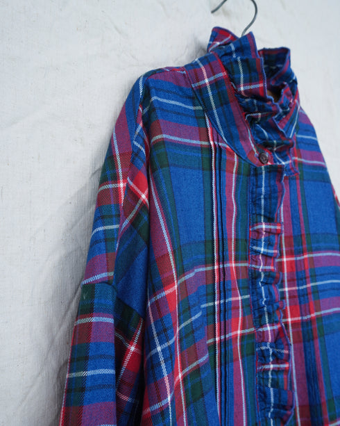 〈予約〉INDIGO Tartan Frill Tuck Blouse / Red・Blue