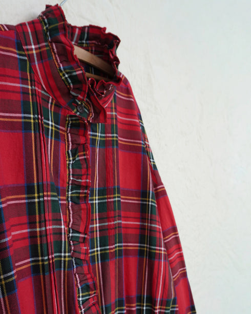 〈予約〉INDIGO Tartan Frill Tuck Blouse / Red・Blue