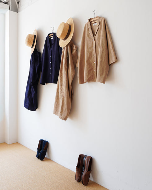 Linen Cotton Open Collar Shirt / Beige・Navy
