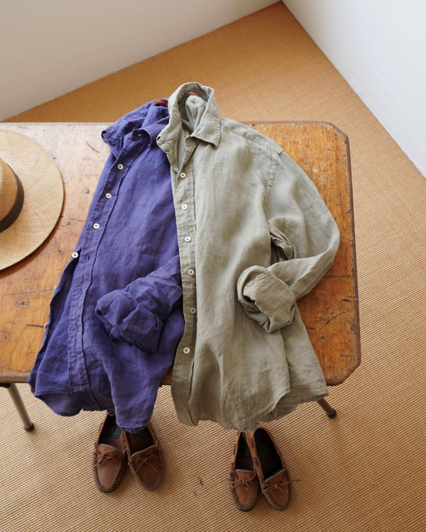 Linen Relaxed Unisex Shirt / Khakibeige・Frenchblue