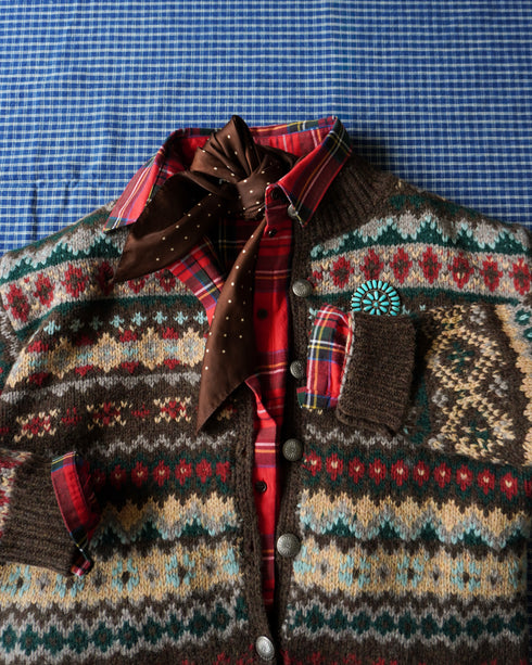 Jacquard Shetland Wool Knit Cardigan / Brown