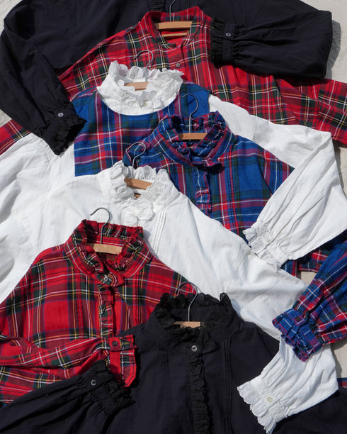 INDIGO Tartan Frill Tuck Blouse / Red・Blue