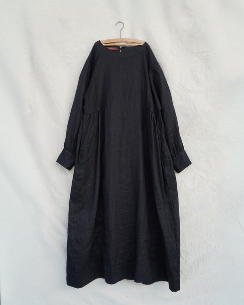Linen Gather Dress / White・Black