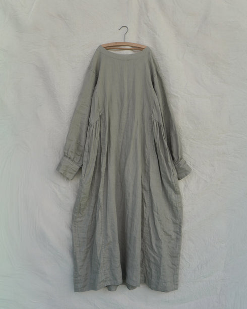 Linen Gather Dress / Khakibeige・Frenchblue