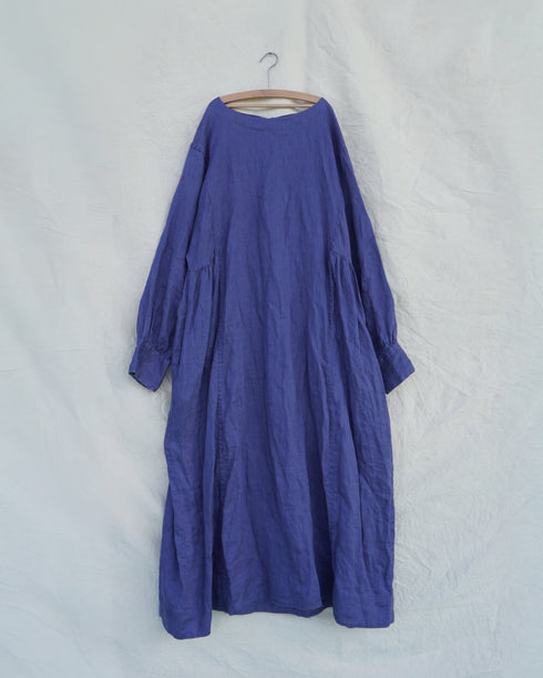 Linen Gather Dress / Khakibeige・Frenchblue
