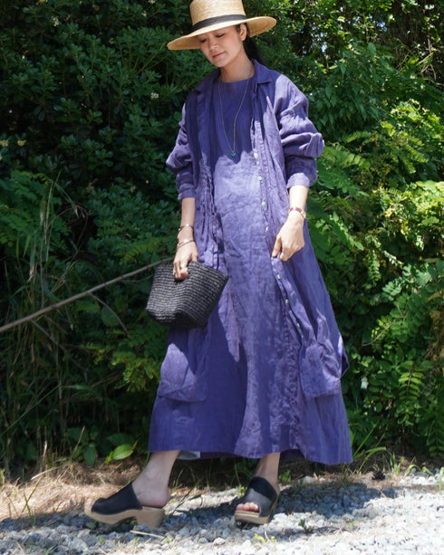 Linen Gather Dress / Khakibeige・Frenchblue