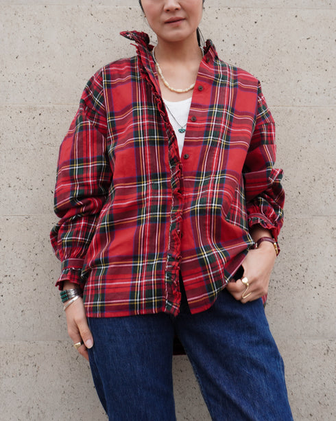 〈予約〉INDIGO Tartan Frill Tuck Blouse / Red・Blue