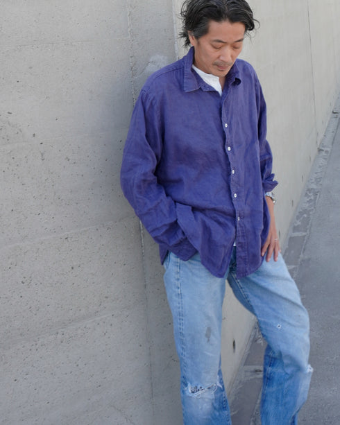 Linen Relaxed Unisex Shirt / Khakibeige・Frenchblue