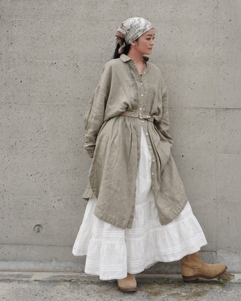 Linen Tuck Shirt Dress / Khakibeige・Frenchblue