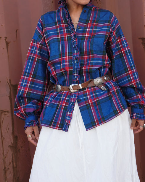 〈予約〉INDIGO Tartan Frill Tuck Blouse / Red・Blue