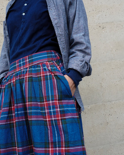 INDIGO Tartan Gathered Skirt / Red・Blue