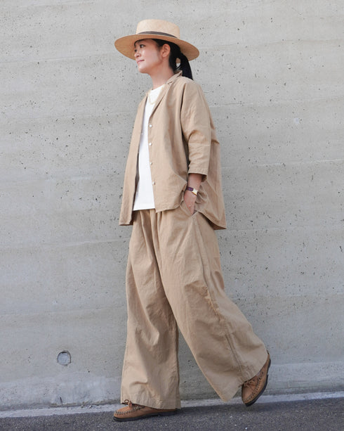 Linen Cotton Open Collar Shirt / Beige・Navy