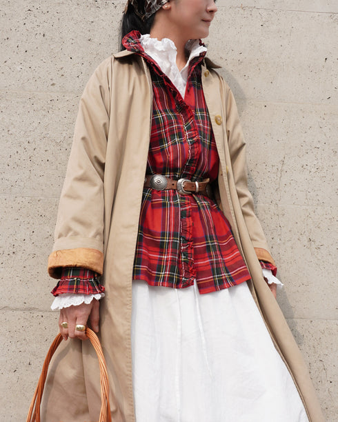 〈予約〉INDIGO Tartan Frill Tuck Blouse / Red・Blue