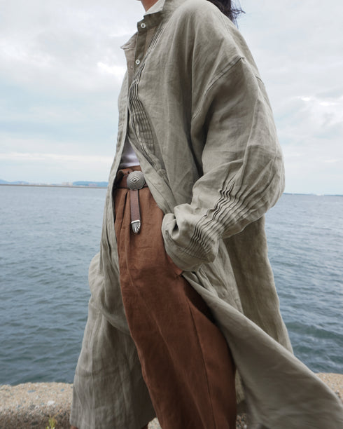 Linen Tuck Shirt Dress / Khakibeige・Frenchblue