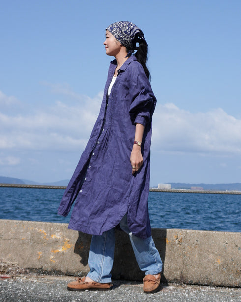 Linen Tuck Shirt Dress / Khakibeige・Frenchblue