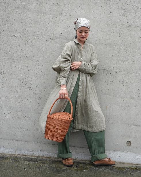 Linen Tuck Shirt Dress / Khakibeige・Frenchblue