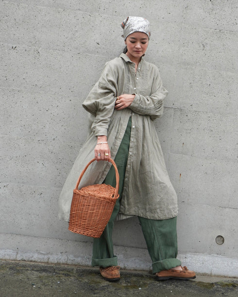 Linen Tuck Shirt Dress / Khakibeige・Frenchblue