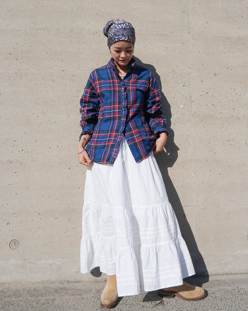 〈予約〉INDIGO Tartan Frill Tuck Blouse / Red・Blue