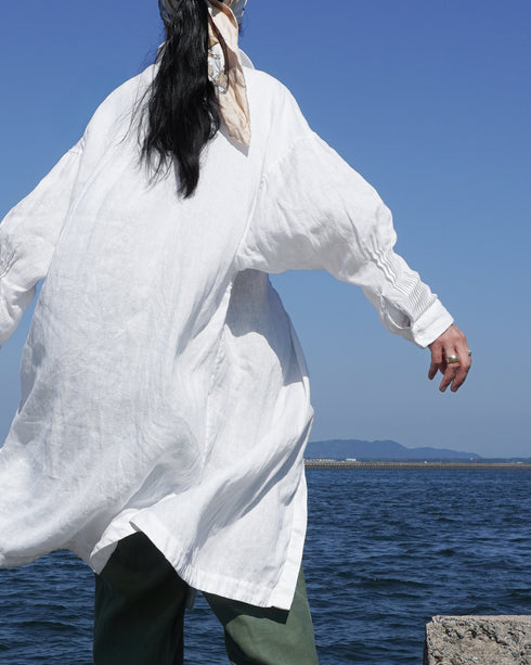 Linen Tuck Shirt Dress / White・Black