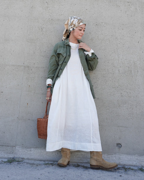 Linen Gather Dress / White・Black