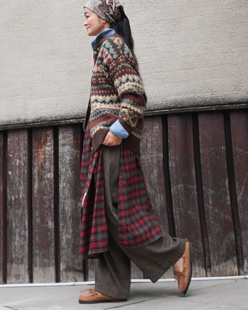 Jacquard Shetland Wool Knit Cardigan / Brown