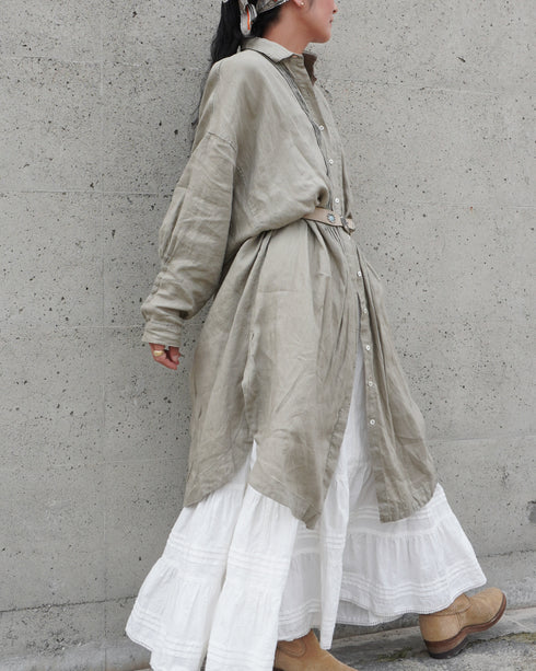 Linen Tuck Shirt Dress / Khakibeige・Frenchblue