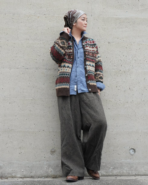 Jacquard Shetland Wool Knit Cardigan / Brown