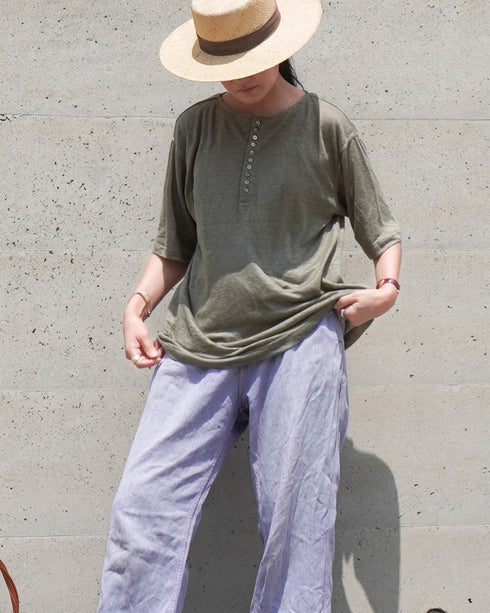 Linen 2way Henley Tee / Khaki・Black