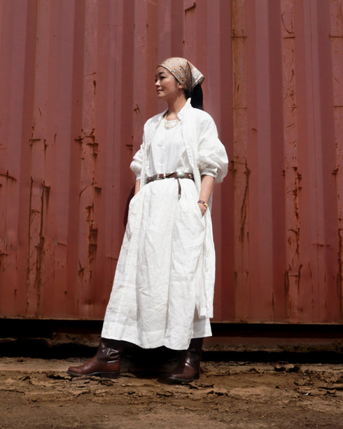 Linen Tuck Shirt Dress / White・Black