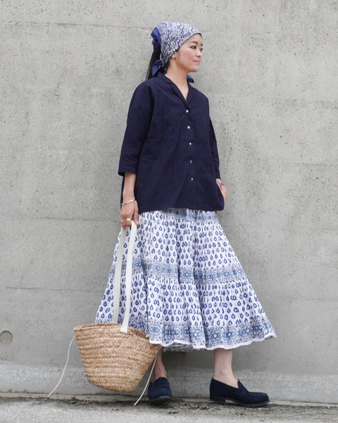 Linen Cotton Open Collar Shirt / Beige・Navy