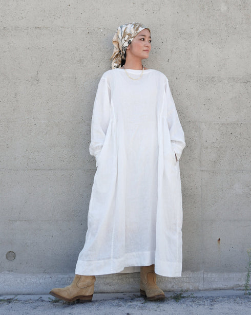 Linen Gather Dress / White・Black
