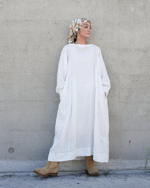 Linen Gather Dress / White・Black