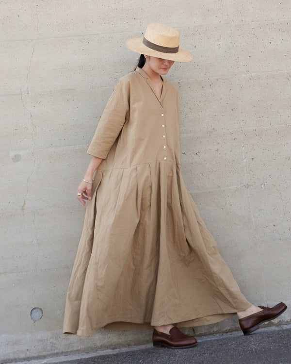 Linen Cotton Open Collar Dress / Beige・Navy