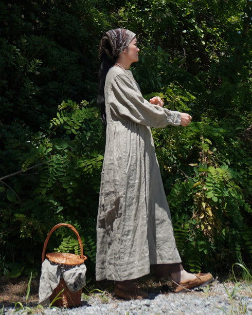 Linen Gather Dress / Khakibeige・Frenchblue