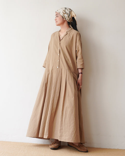 Linen Cotton Open Collar Dress / Beige・Navy