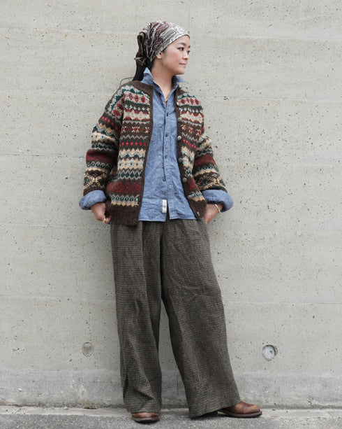 Jacquard Shetland Wool Knit Cardigan / Brown