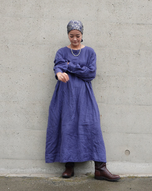 Linen Gather Dress / Khakibeige・Frenchblue