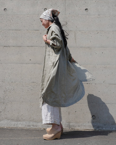 Linen Tuck Shirt Dress / Khakibeige・Frenchblue