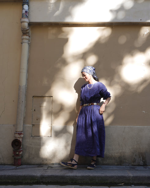 Linen Gather Dress / Khakibeige・Frenchblue
