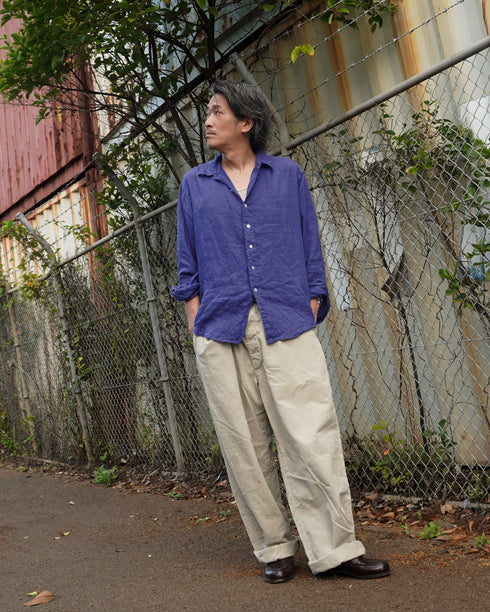 Linen Relaxed Unisex Shirt / Khakibeige・Frenchblue