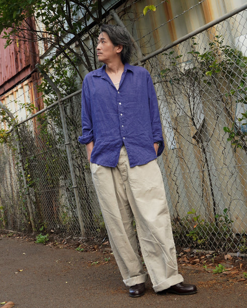 Linen Relaxed Unisex Shirt / Khakibeige・Frenchblue